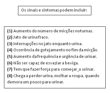 Imagem apresenta os sinais e sintomas; (1) Aumento do número de micções noturnas; (2) Jato de urina fraco; (3) Interrupções no jato enquanto urina; (4) Ocorrência de gotejamento no fim da micção; (5) Aumento da frequência e urgência de urinar; (6) Não ser capaz de esvaziar a bexiga; (7) Tem que fazer força para começar a urinar; (8) Chega a perder urina, molhar a roupa, quando demora um pouco para urinar. Imagem apresenta os sinais e sintomas; (1) Aumento do número de micções noturnas; (2) Jato de urina fraco; (3) Interrupções no jato enquanto urina; (4) Ocorrência de gotejamento no fim da micção; (5) Aumento da frequência e urgência de urinar; (6) Não ser capaz de esvaziar a bexiga; (7) Tem que fazer força para começar a urinar; (8) Chega a perder urina, molhar a roupa, quando demora um pouco para urinar.